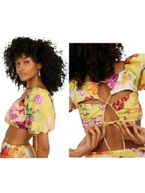 H&M Floral Balloon Sleeve Crop Top Conscious Choice Yellow Purple Orange XL NWT